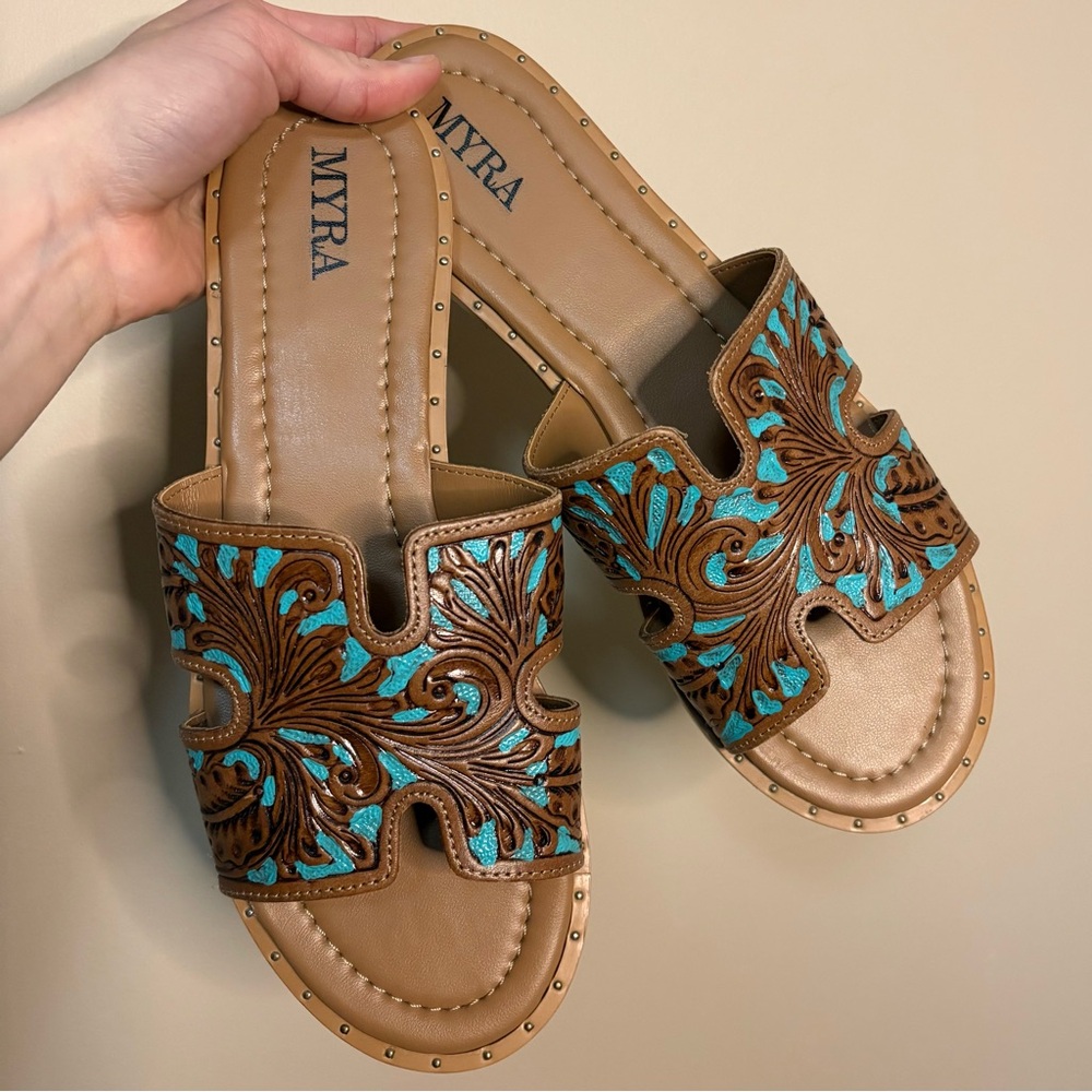 Myra Bag Brown and Turquoise Leather Slide Sandals